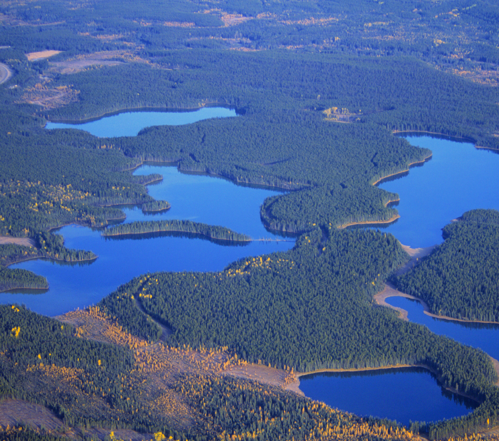 Aerial photo of lakes on Taiga landscape