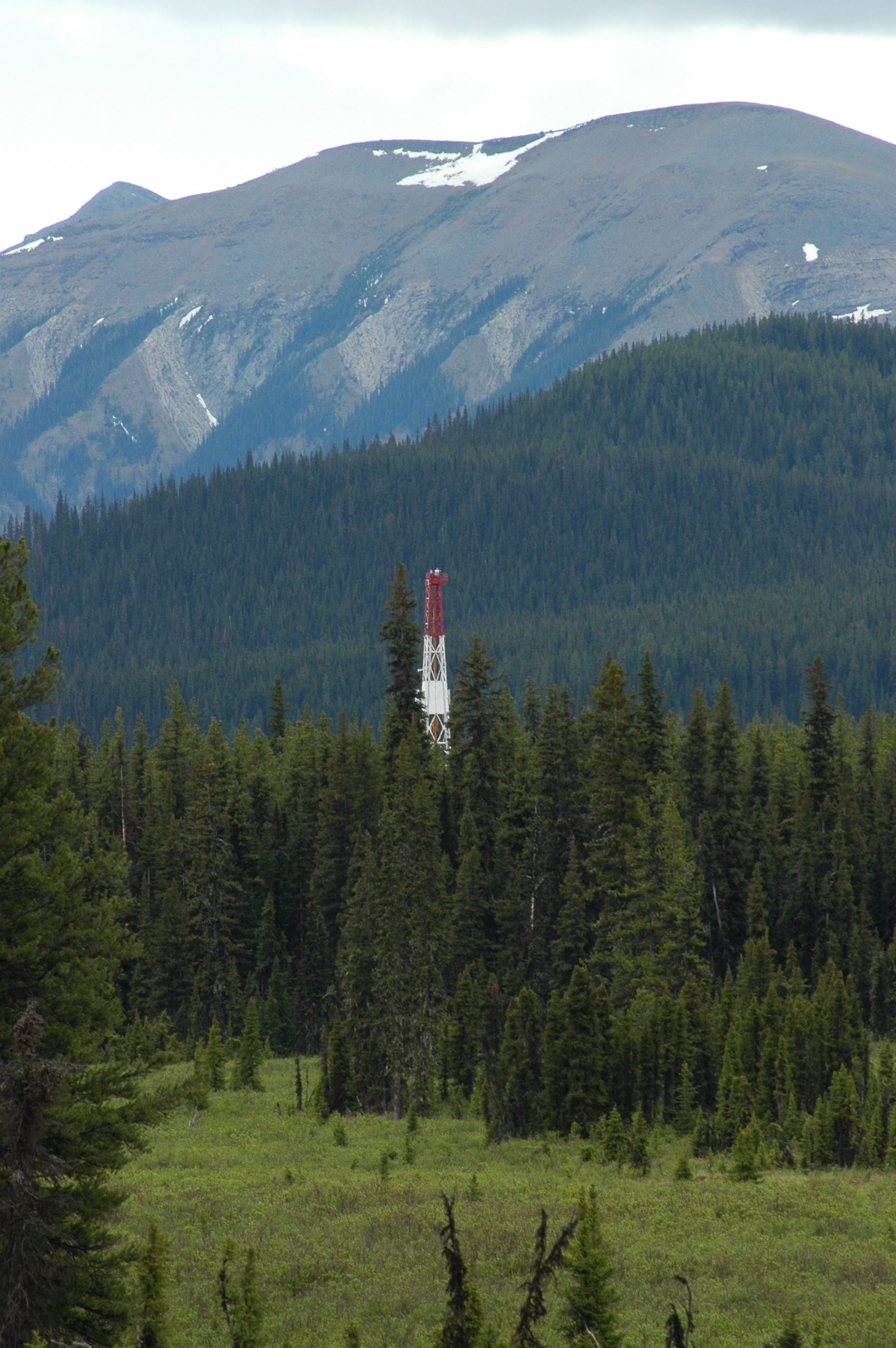 A oil drilling rig in a forest with mountain in background